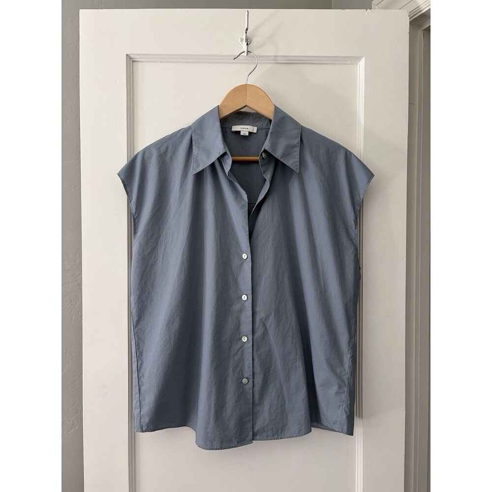 Vince NWT 100% Cotton Sleeveless Button Down Shirt M Blue Oversized Relaxed $248 - Picture 2 of 9